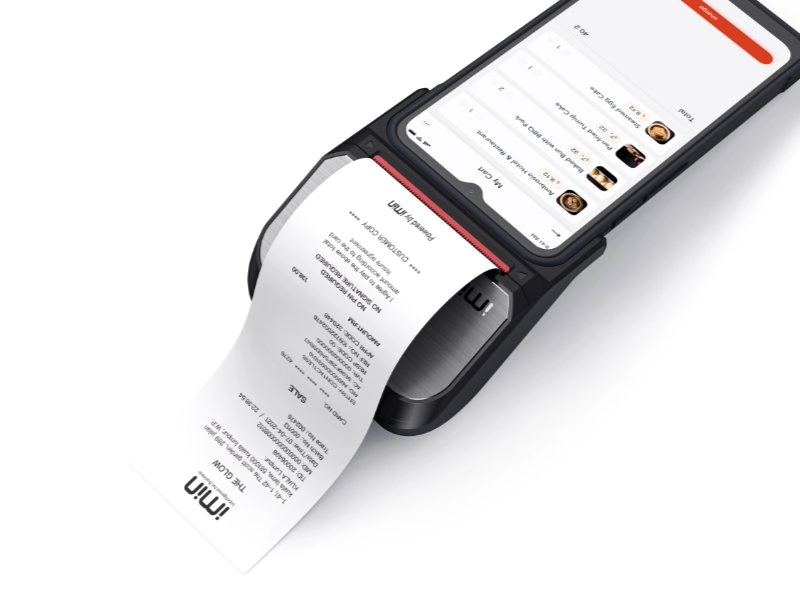 Swift 1 handheld with 58mm thermal receipt printer module printing a receipt for mobile checkout in retail, hospitality and field sales