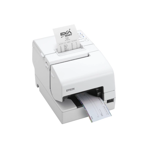 Epson TM-H6000V white hybrid POS printer printing receipt and slip, with USB, RS232 and Ethernet for retail, pharmacy and prescription use