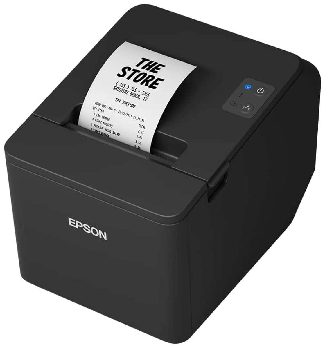Schwarzer Epson Bondrucker mit gedrucktem Kassenbon