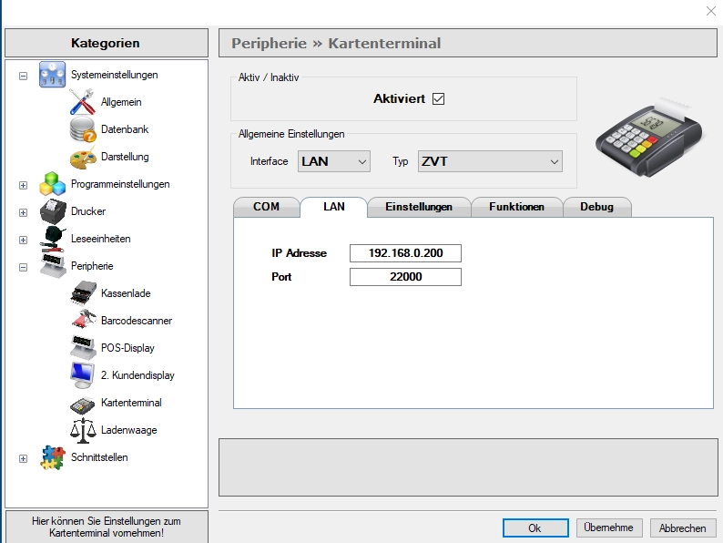 GastroSoft Kartenterminal-Einstellungen für EC-Cash Add-On mit LAN-ZVT-Schnittstelle, IP-Adresse und Port für Kartenzahlung in der Gastronomie