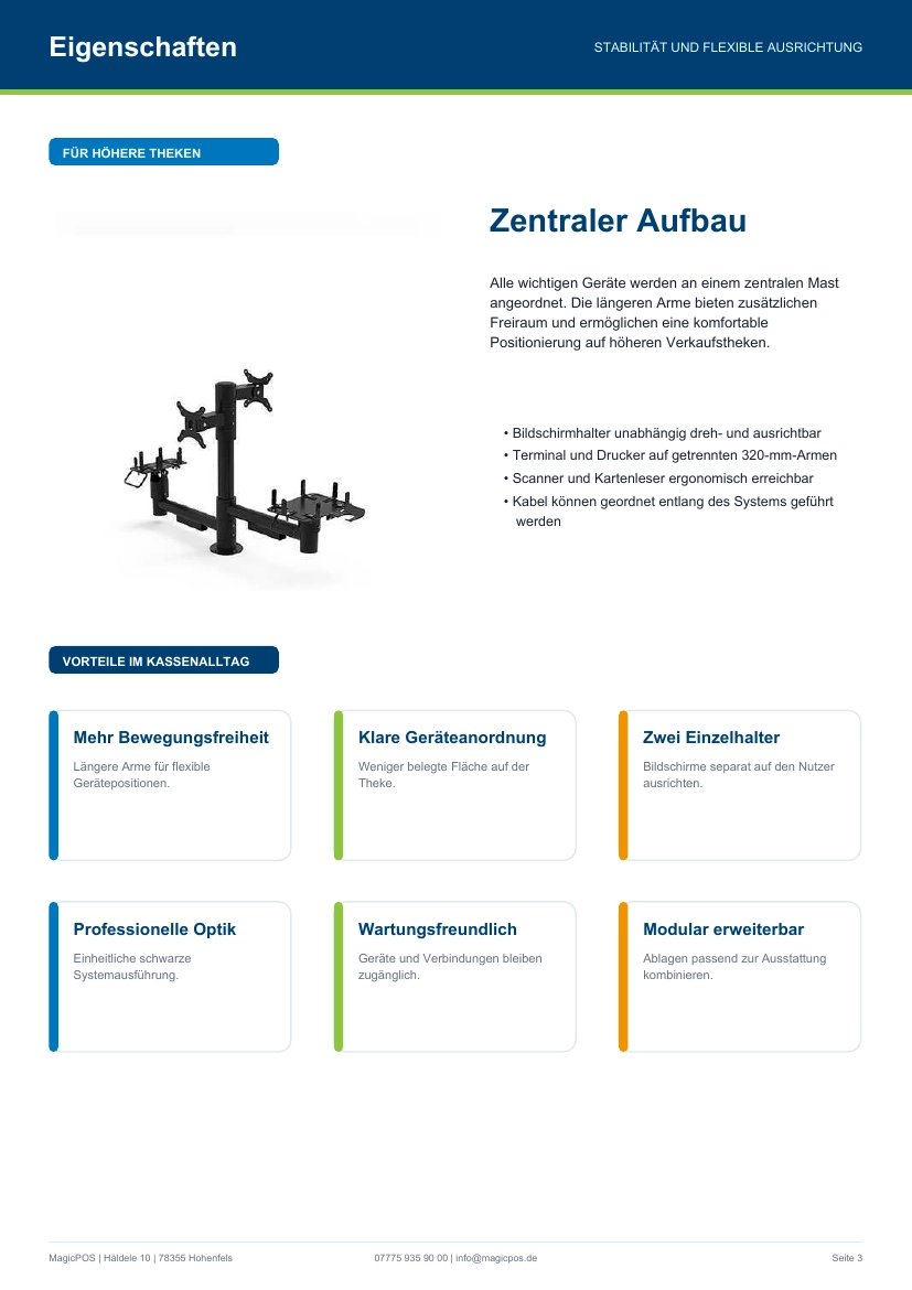 Infografik zu einem zentralen Aufbau für POS-Haltersysteme: stabiler Mast mit Monitor-, Drucker-, Scanner- und Kartenleserhalter für höhere Verkaufstheken.