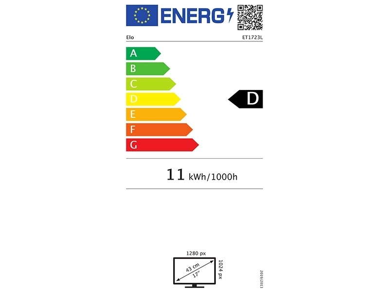 EU energy label for EloTouch 1723L 17-inch capacitive USB touchmonitor, class D, 11 kWh/1000h, ideal for retail and hospitality POS systems