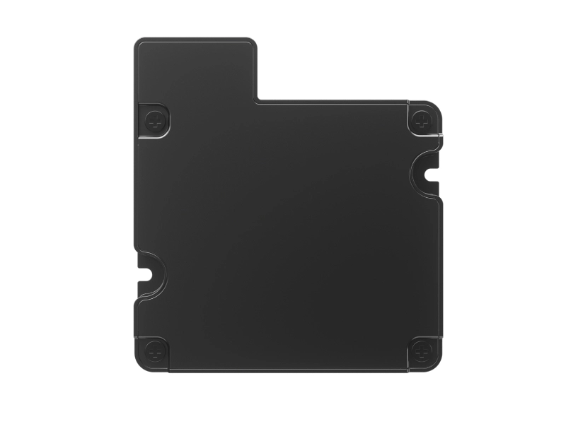 Schwarze rechteckige Abdeckplatte mit Schraubpunkten und Aussparungen für Gehäuse oder Elektronikmodul