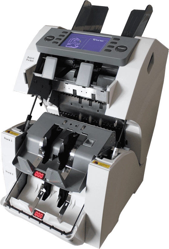 Professionelle Geldzählmaschine mit Sortierfächern, Display und offener Mechanik zum schnellen Zählen und Sortieren von Banknoten