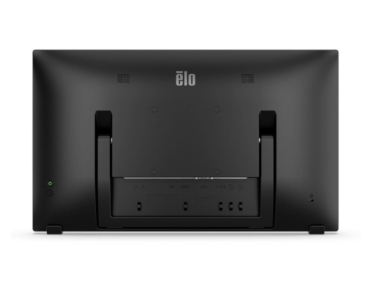 Rear view of black EloTouch 2270L 21.5-inch Full HD PCAP USB touchmonitor with stand, VESA mount and integrated speakers for POS and retail
