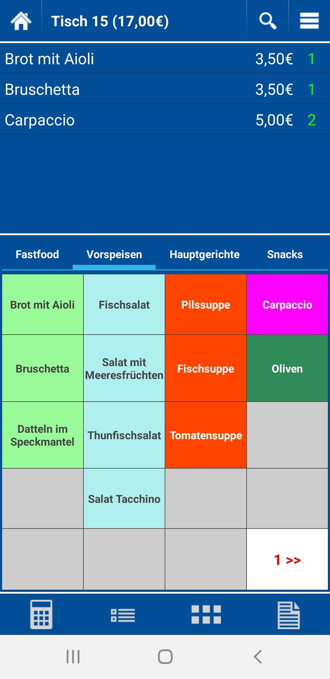 Screenshot Kellner-App: Tisch 15 mit Vorspeisen