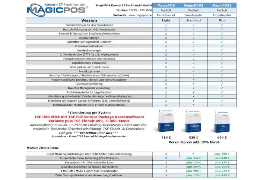 Vergleich MagicPOS Kassensoftware-Versionen Light Standard P