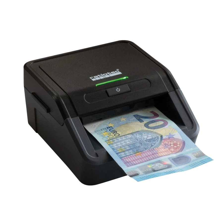 Ratiotec Smart Protect Geldscheinprüfer prüft 10-Euro-Banknote mit grüner LED am POS
