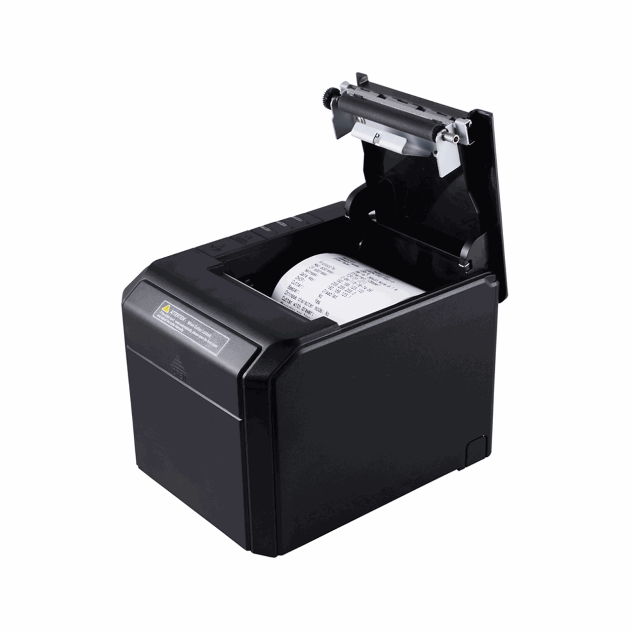 Schwarzer Thermobelegdrucker mit offenem Deckel und Bonrolle