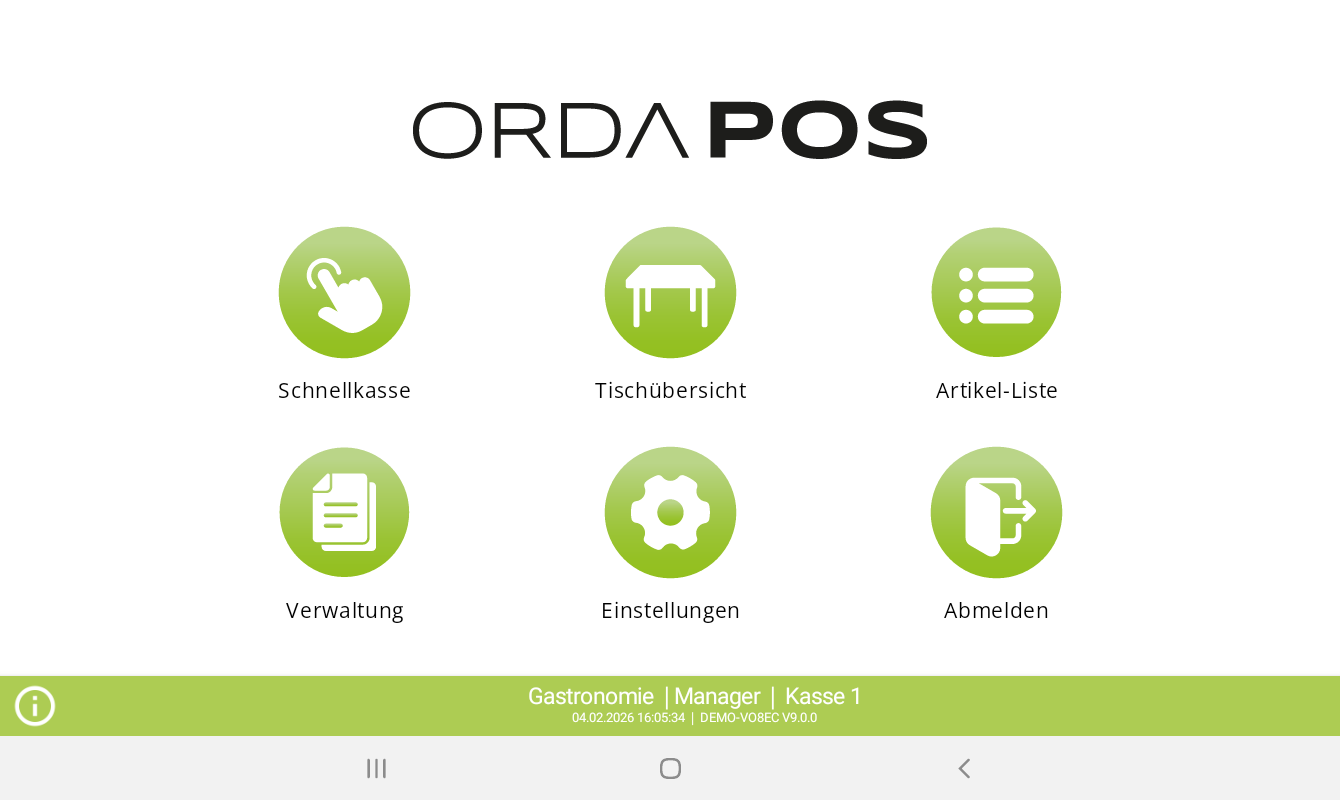 Startbildschirm der Orda POS Android Gastro Kassensoftware mit Schnellkasse, Tischübersicht, Artikelliste, Verwaltung und Einstellungen