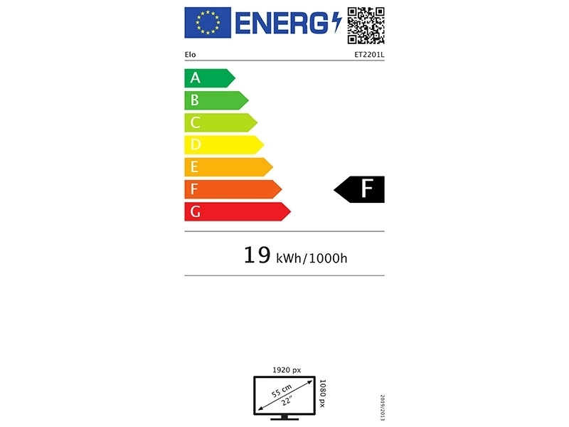EU energy label for refurbished 22-inch EloTouch 2201L SAW ZB USB black Full HD touch monitor, rated class F with 19 kWh/1000h consumption.