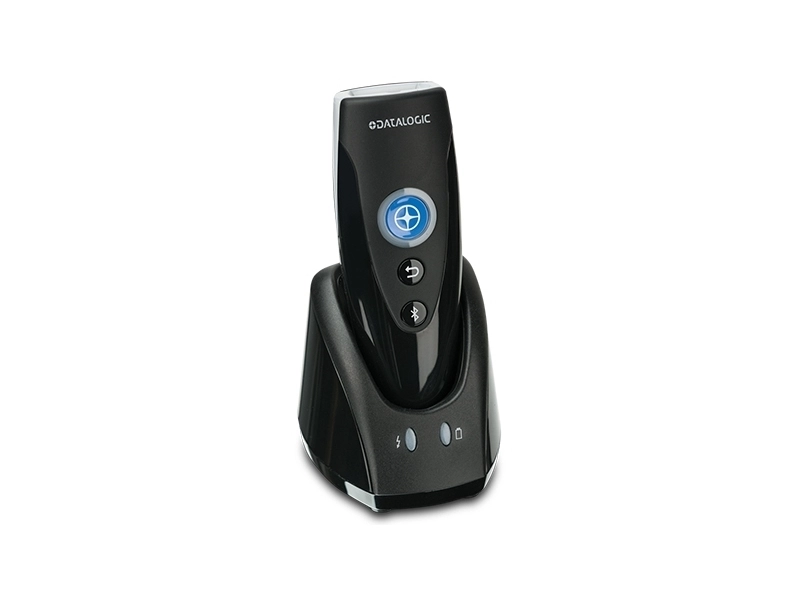 Datalogic RIDA DBT6400 compact Bluetooth 1D/2D barcode scanner shown in its charging cradle for POS, retail and inventory use