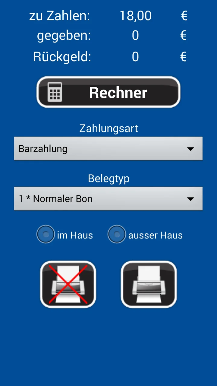 Screenshot einer Kassen-App mit Barzahlung und Belegtyp