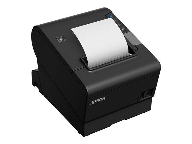 Schwarzer Epson Thermo-Bondrucker mit eingelegter Papierrolle für Kassen- und POS-Belege