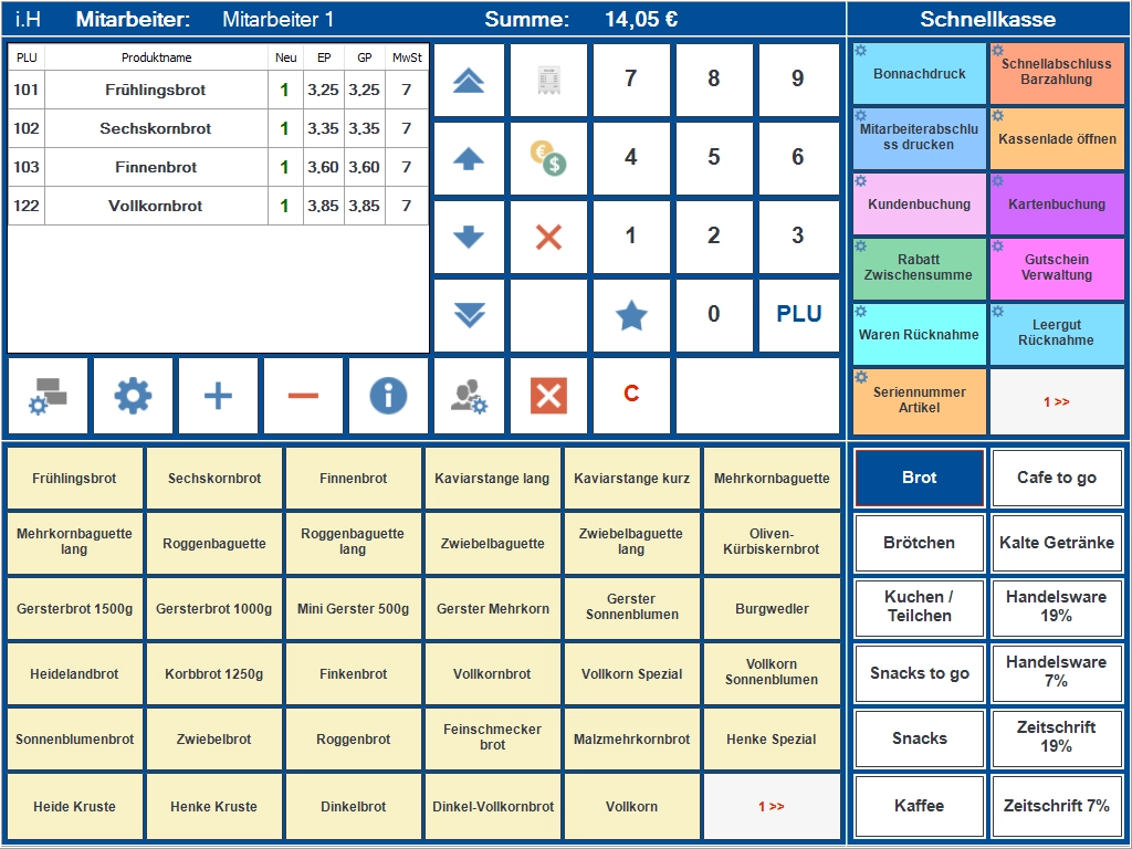 Screenshot der PosSoft Standard Kassensoftware für Einzelhandel mit Schnellkasse, PLU-Artikeln und Produktgruppen für Brot und Waren