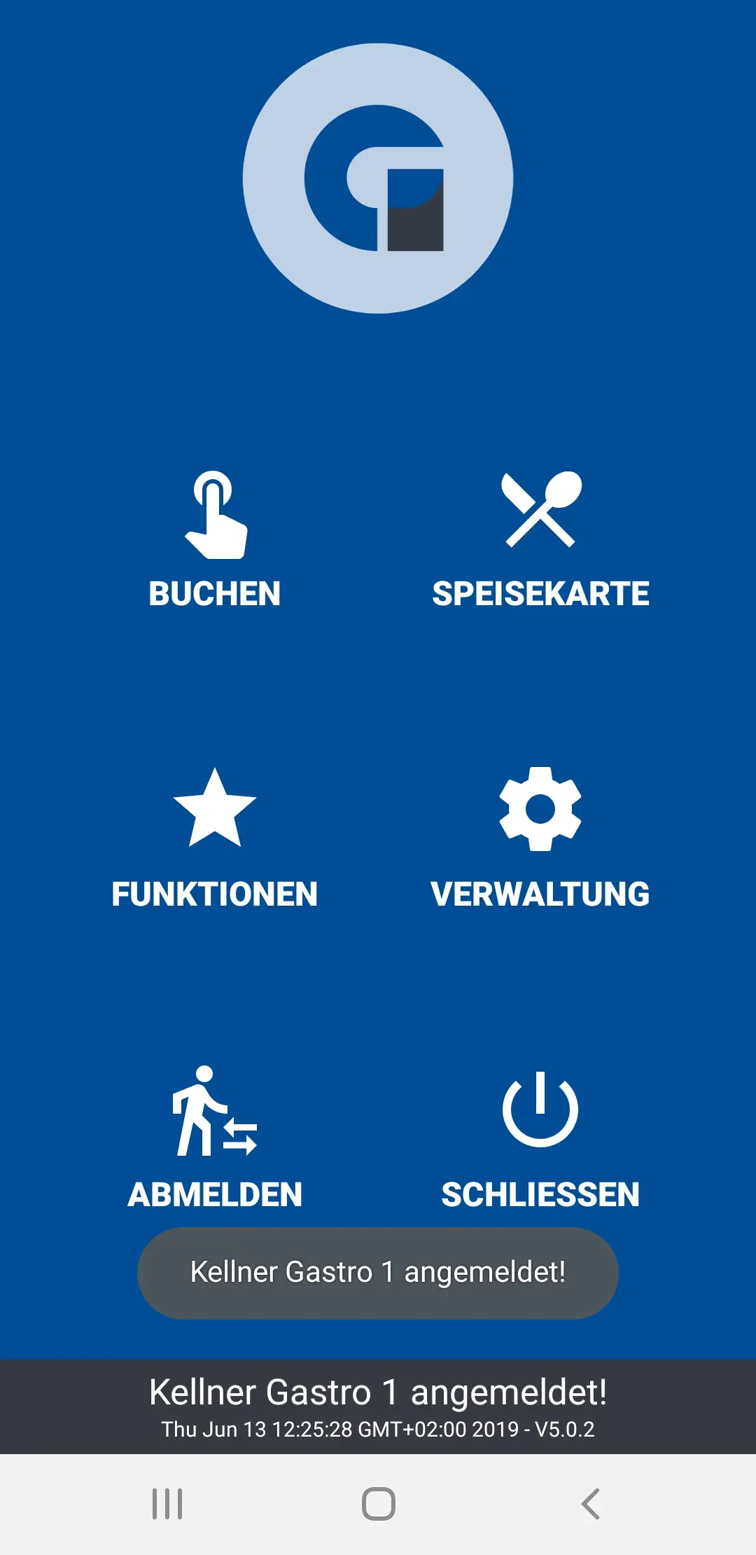 Startbildschirm Gastro-App mit Buchung und Speisekarte