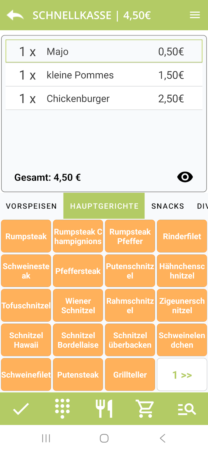 Android-Kassenoberfläche der ORDA Handel App mit Schnellkasse, Artikelliste und Produktkacheln für moderne POS-Prozesse