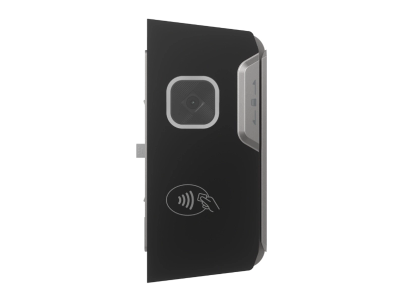 Schwarzes Zutrittskontroll-Terminal mit integrierter Kamera, RFID-Kartenleser und seitlichem Modul für sichere Zugangssysteme