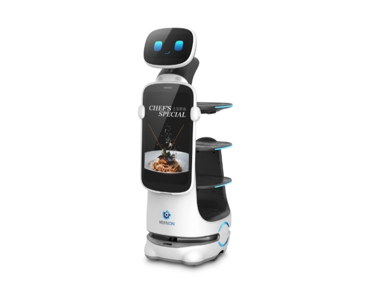 Keenon Serviceroboter T10-DINERBOT mit Display und Ablagen zur Lieferung von Speisen und Getränken in Gastronomie und Hotellerie