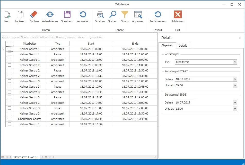 Zeiterfassungssoftware mit Arbeitszeiten von Kellnern
