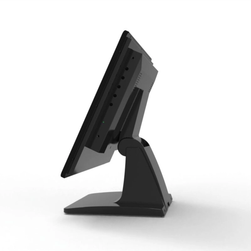 Seitliche Ansicht des schwarzen 15 Zoll MagicPOS MP-B15 Touchmonitors mit Standfuß für POS-Kasse, Gastronomie und Retail
