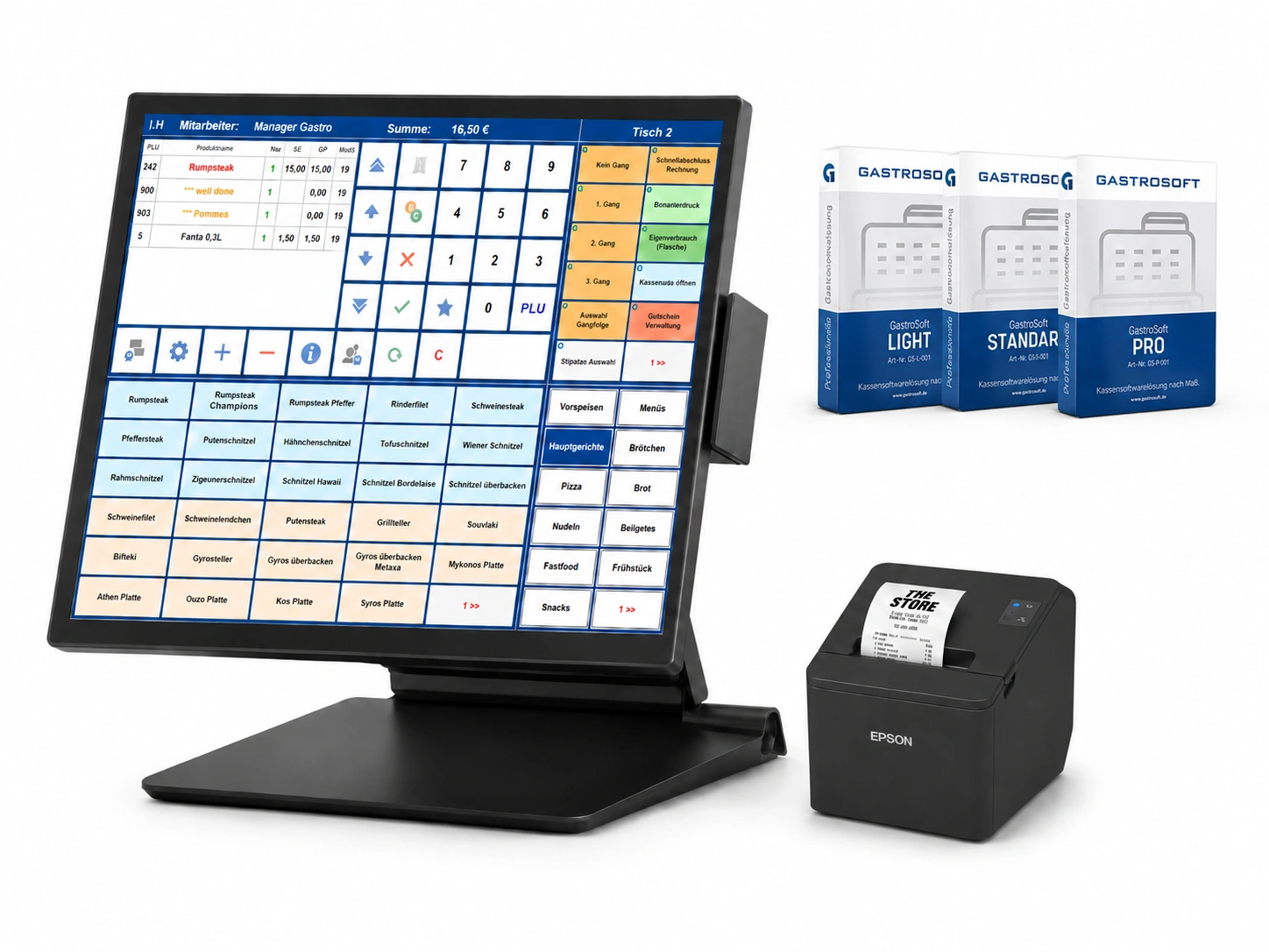 GastroSoft POS-Kassensystem für Gastronomie mit Touchscreen-Monitor, Epson Bondrucker und Softwareboxen Light, Standard und Pro
